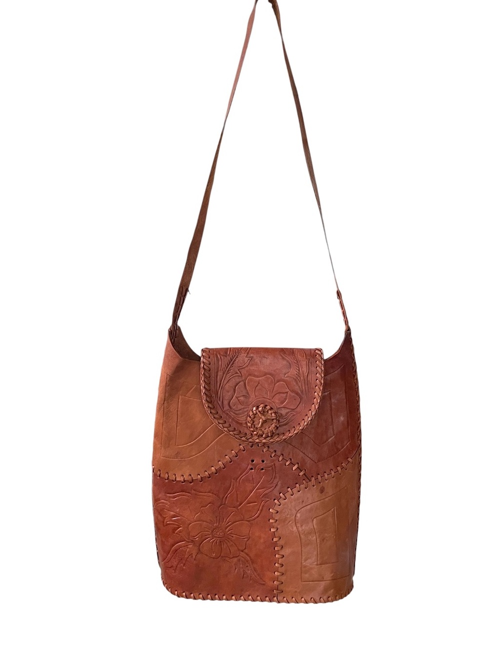 Vintage Handcrafted Brown Leather Floral Crossbody Bag